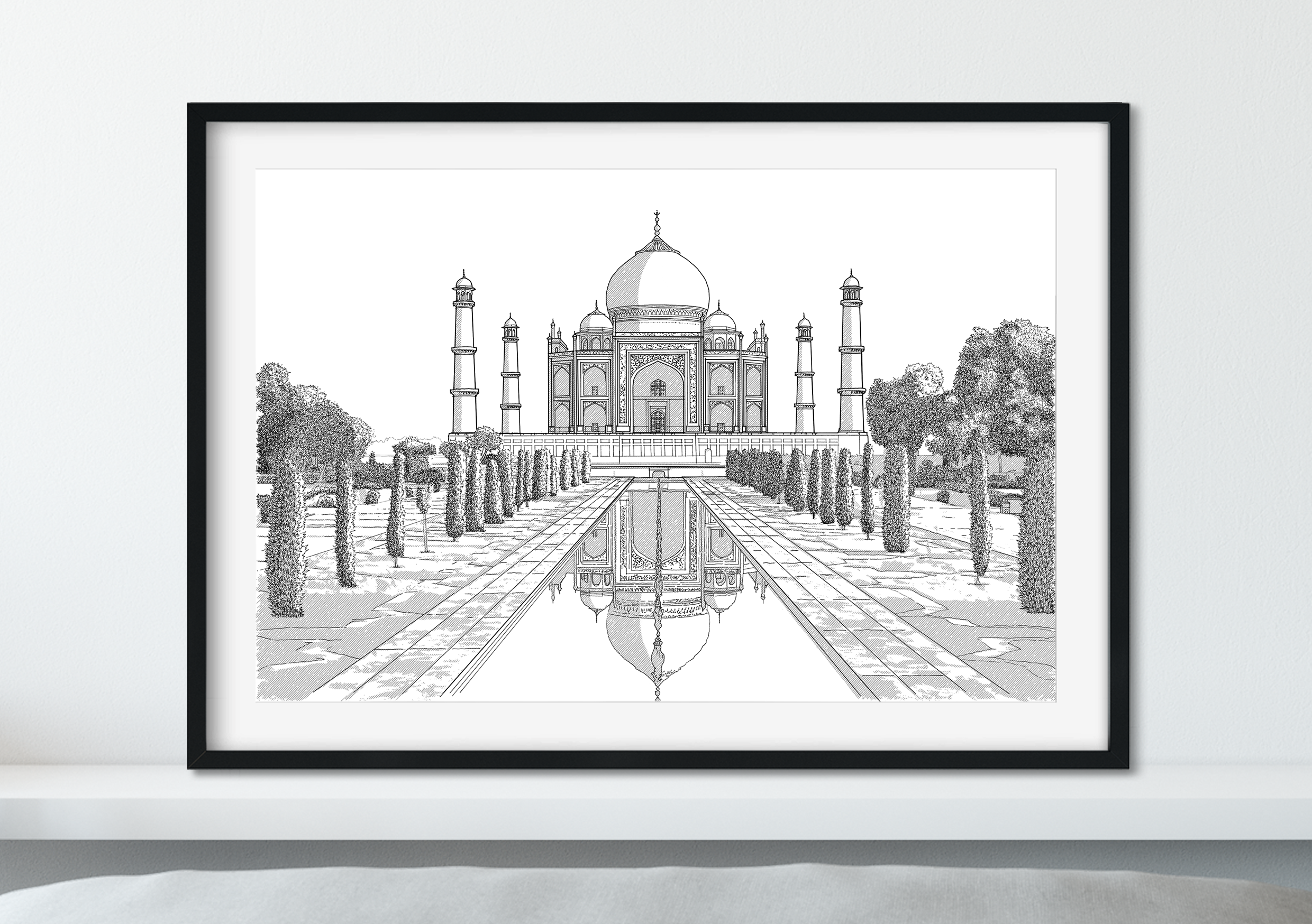 Landmark Wall Art - Hand Drawn Wall Art of Famous Landmark Taj Mahal, Agra, India